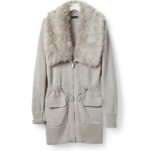 Banana Republic Beige Removable Faux Fur Collar Zip Up Cardigan Waist Pulls S